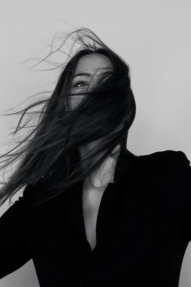 Photograph, black-and-white windswept portrait