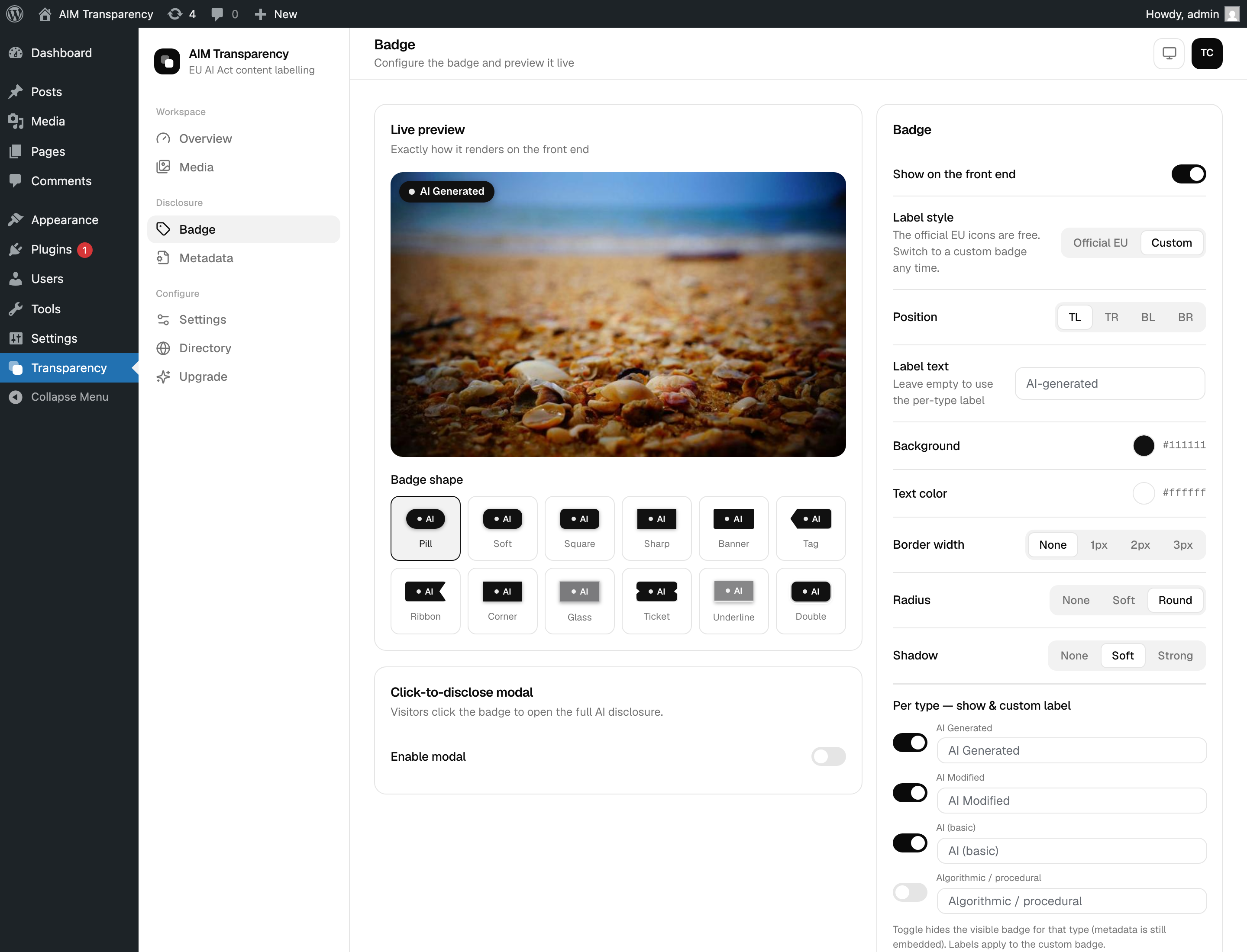 Badge Studio in Custom mode with the shape picker and controls