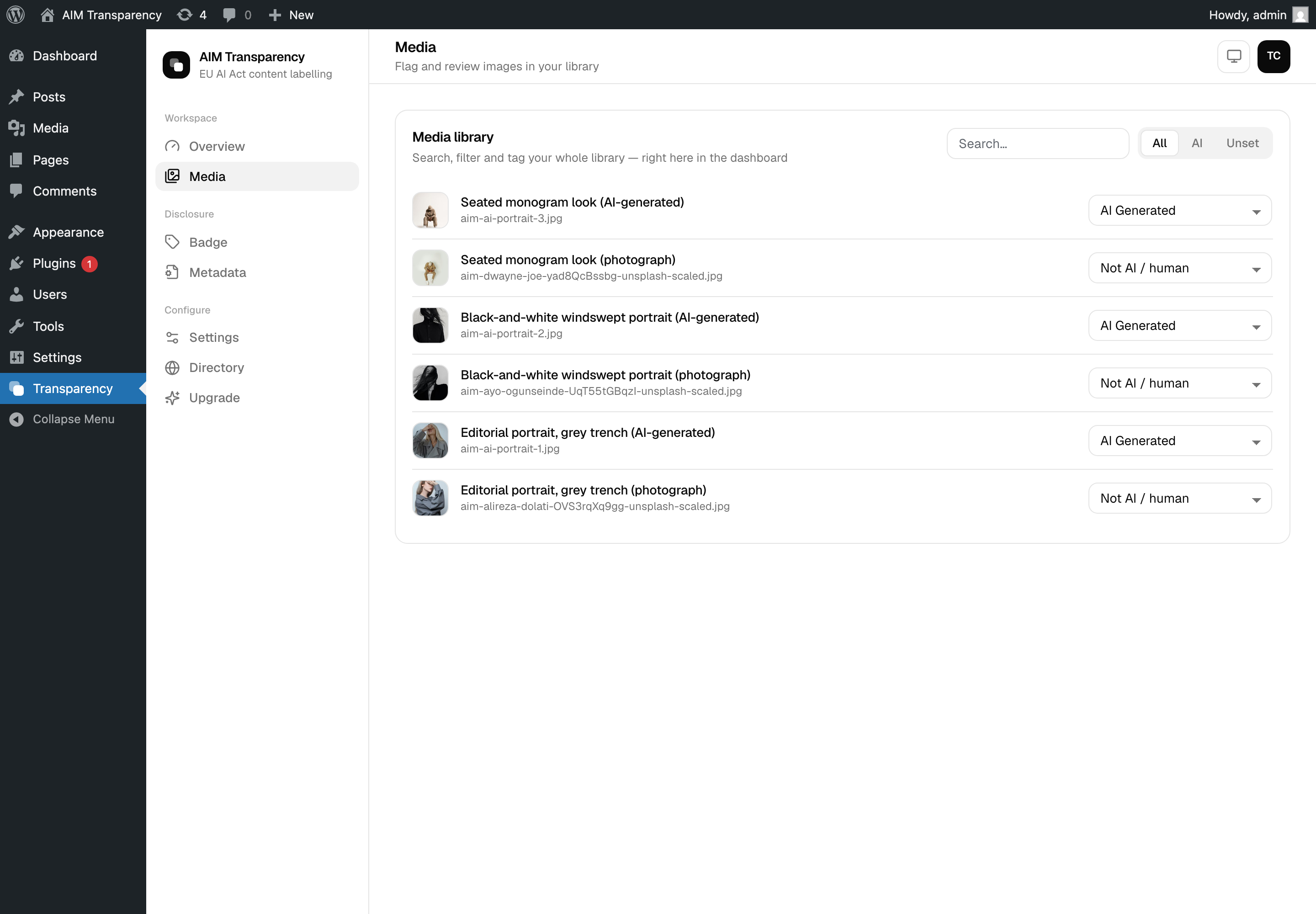 The dashboard Media tab: search, filter and tag images inline
