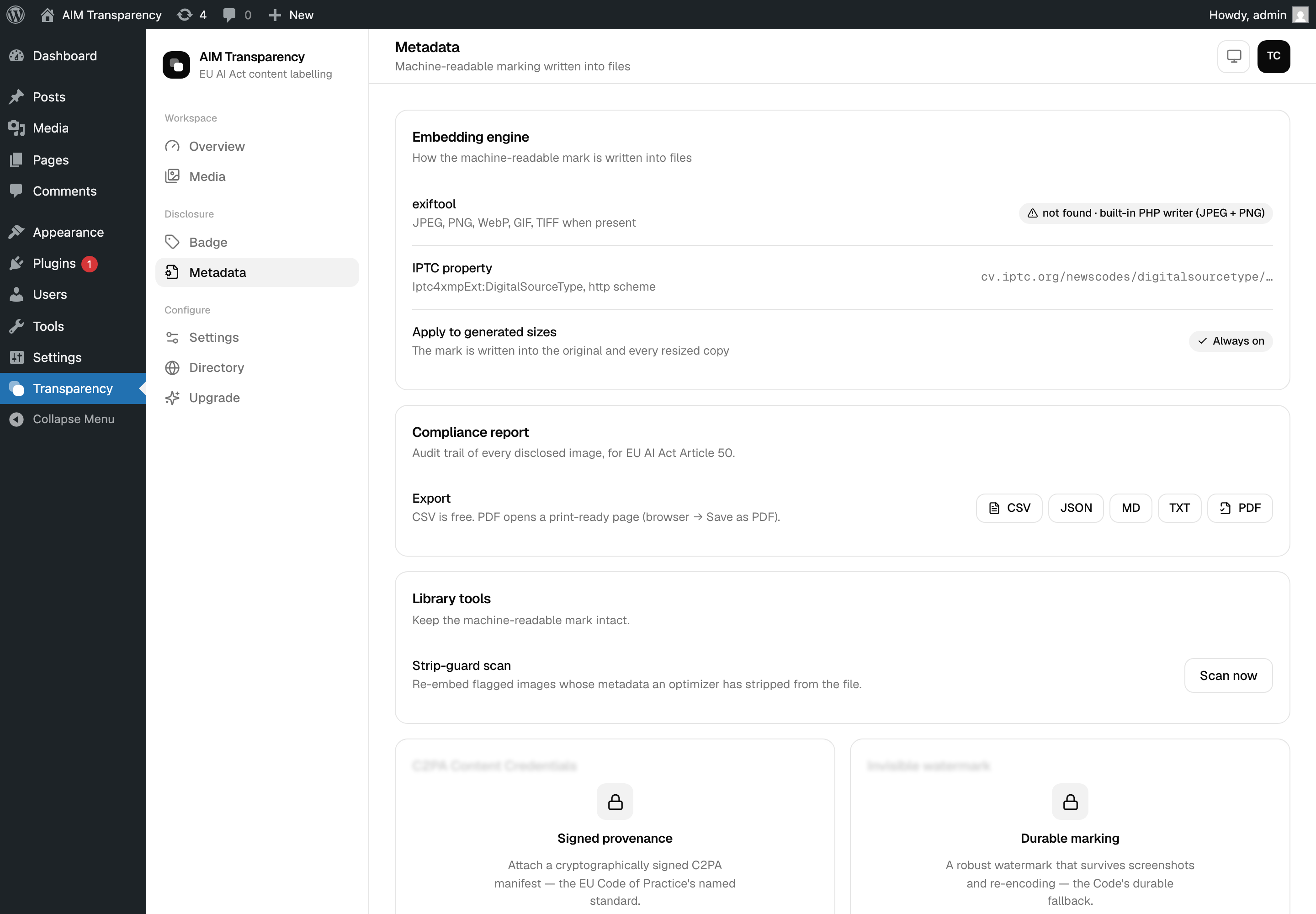 The Metadata screen showing the embedding engine, compliance report and library tools