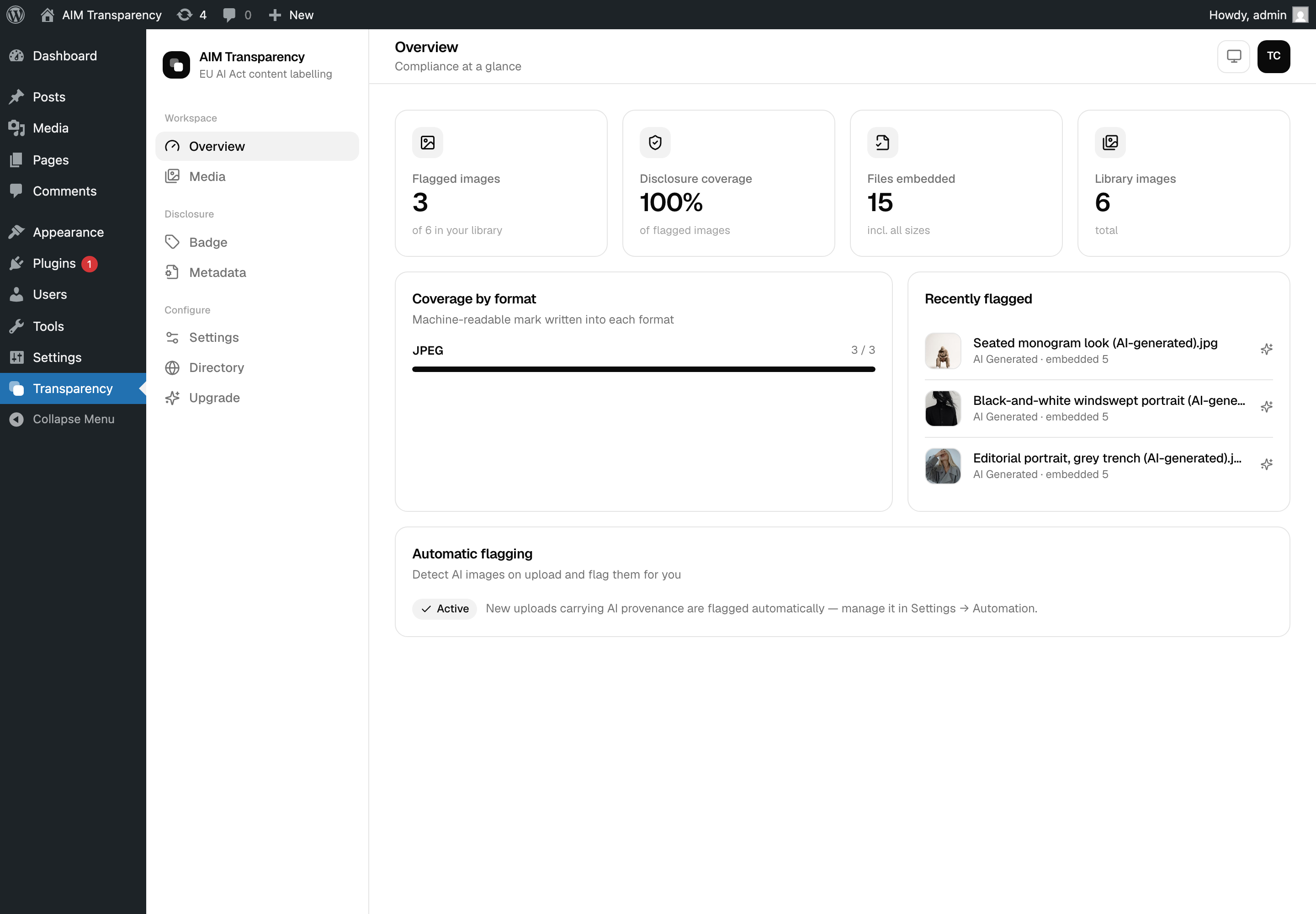 AIM Transparency dashboard overview with live compliance stats