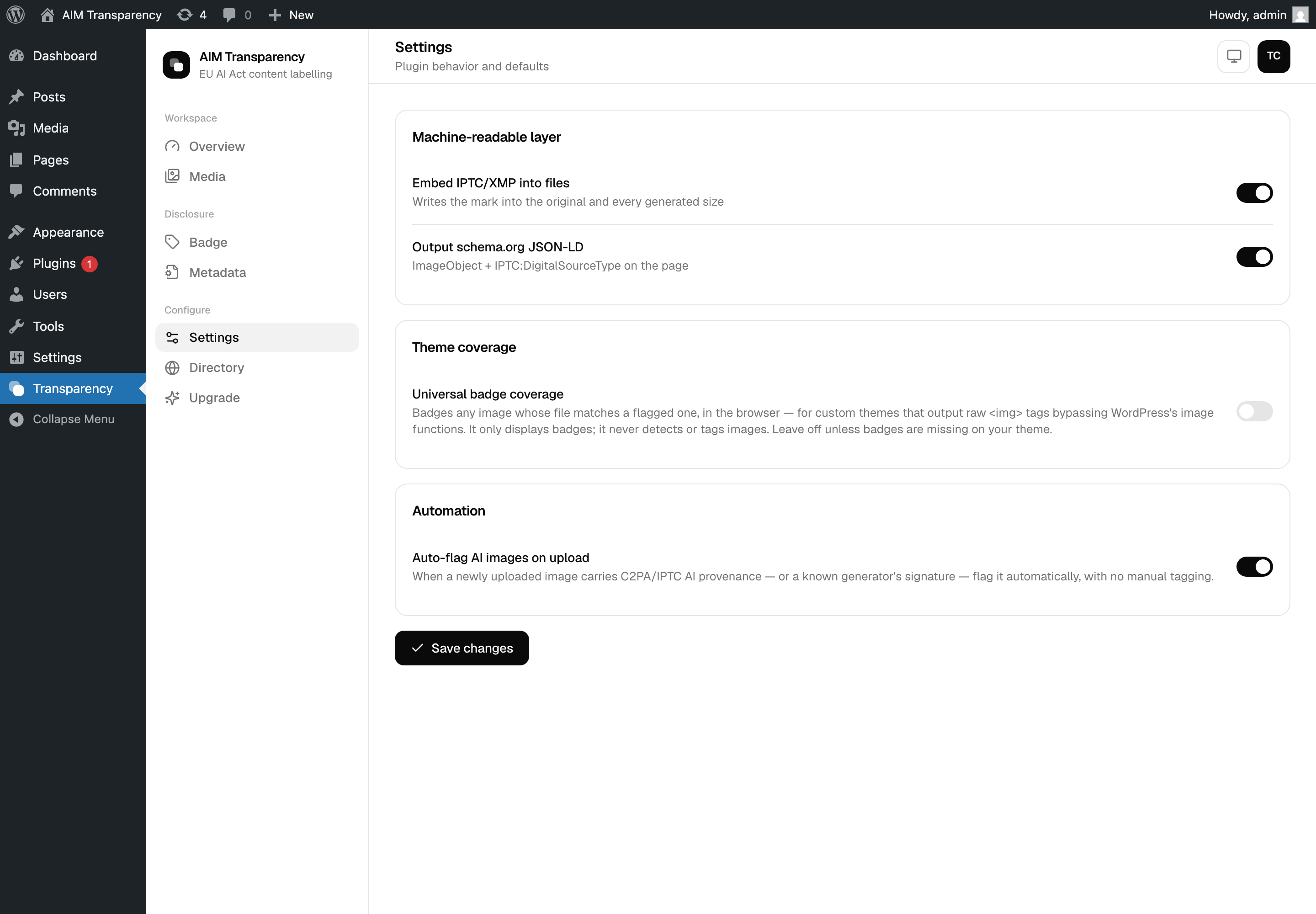 The Settings screen with the machine-readable layer and theme coverage toggles
