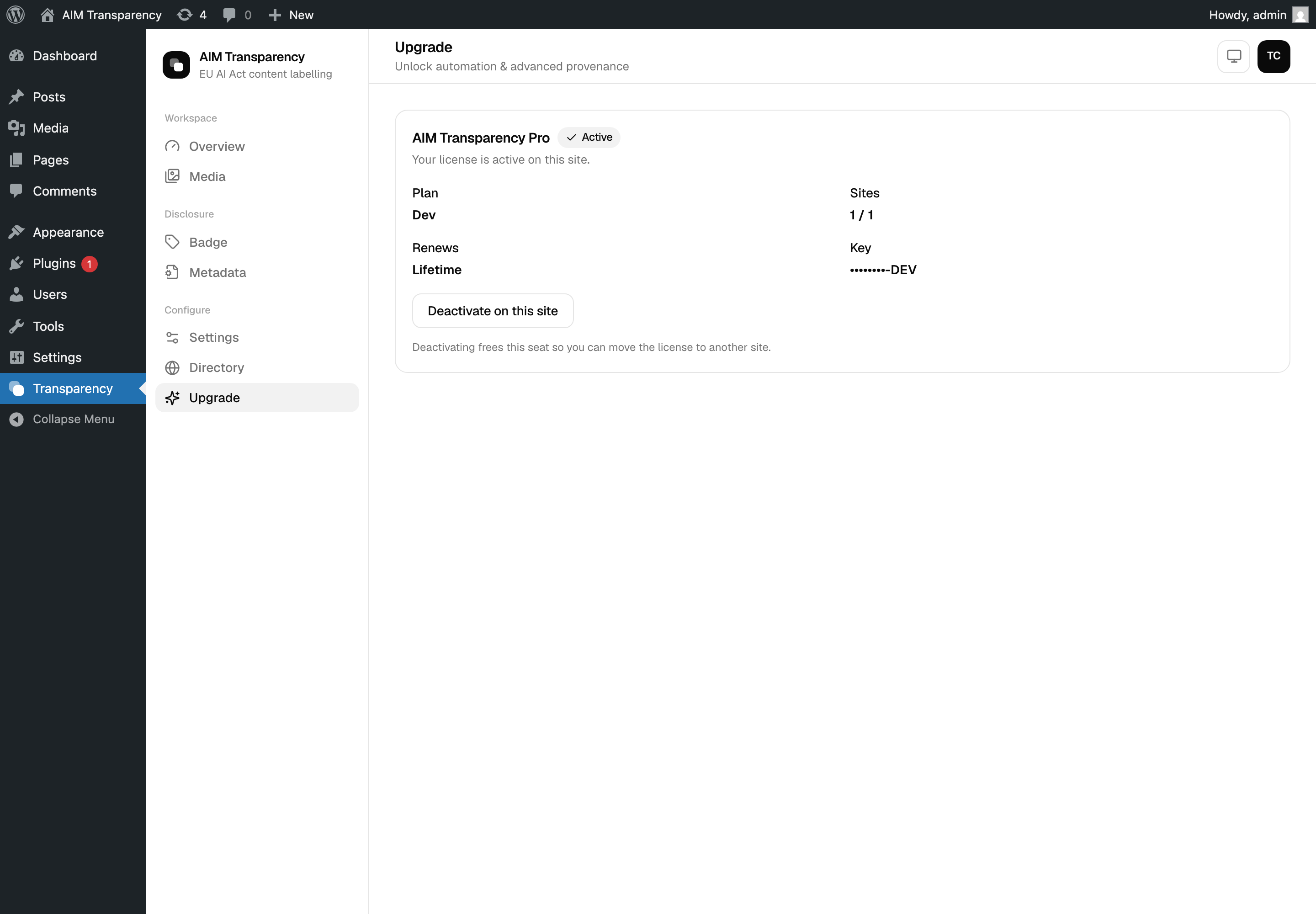 The Upgrade screen with pricing tiers and license activation