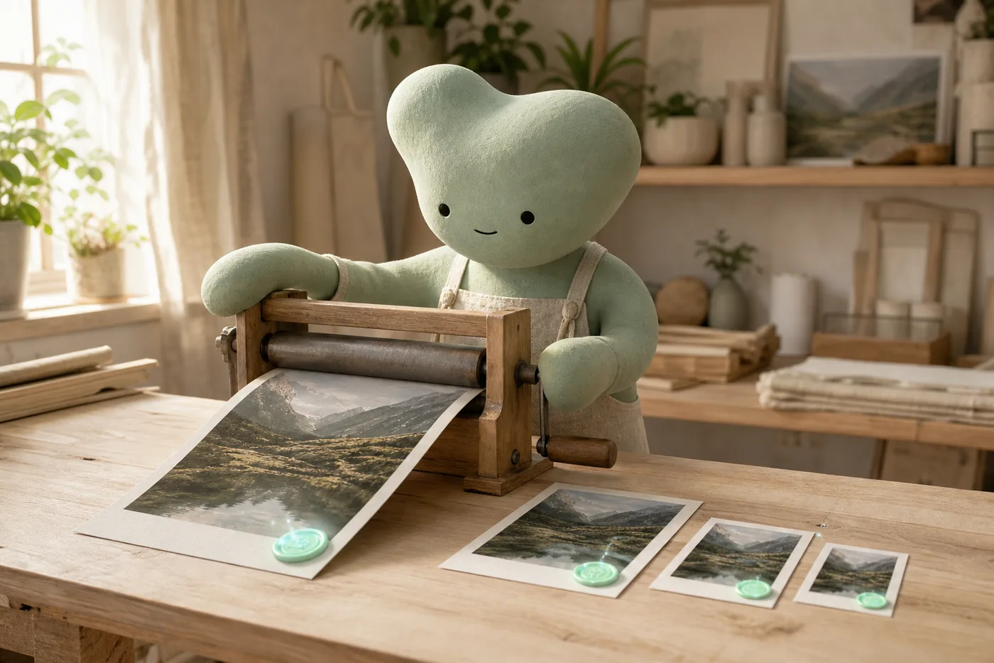 A not-human in a sunlit workshop feeding a photograph through a hand press, with three progressively smaller copies emerging, each already carrying a small glowing mint seal