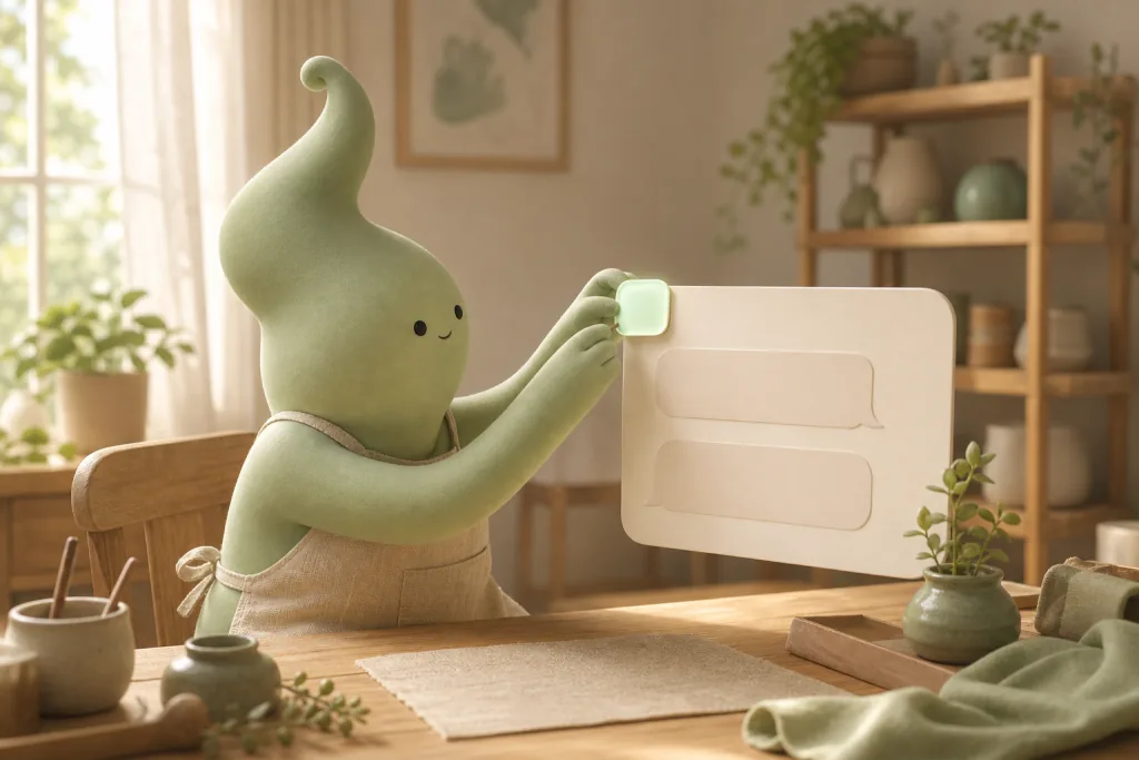A not-human attaching a small glowing label to the corner of a chat window