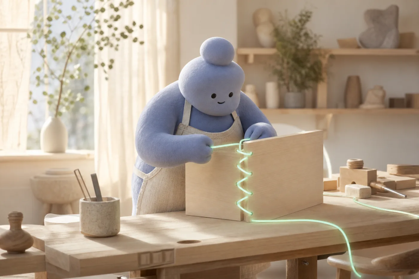 A not-human joining two wooden panels with a single glowing mint cord