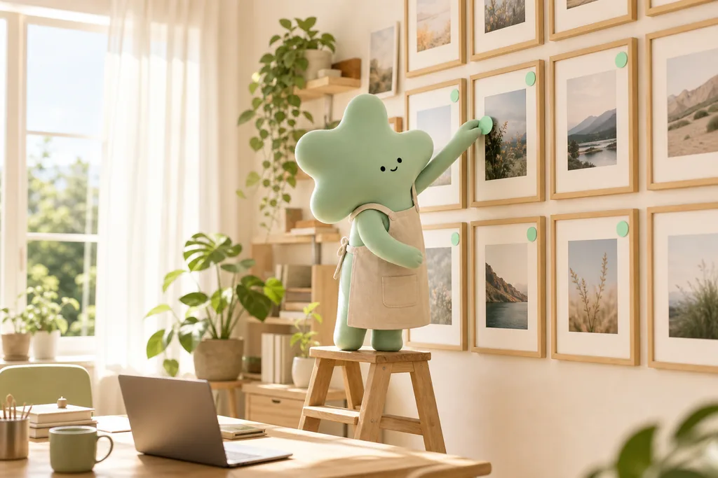 A not-human labelling framed pictures in a studio, one tagged as AI-generated
