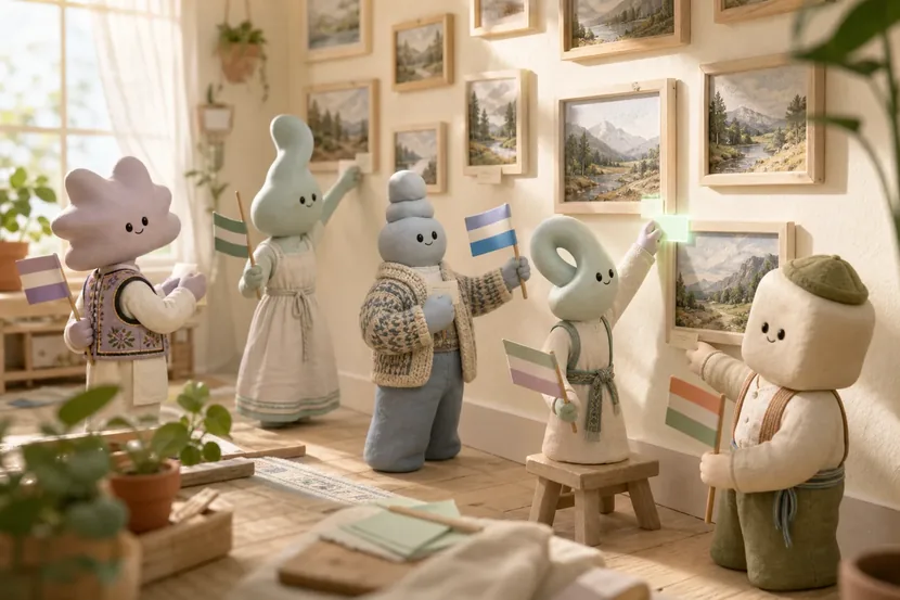 Five not-humans in a sunlit studio, each in a different European folk outfit, pinning label cards onto framed pictures