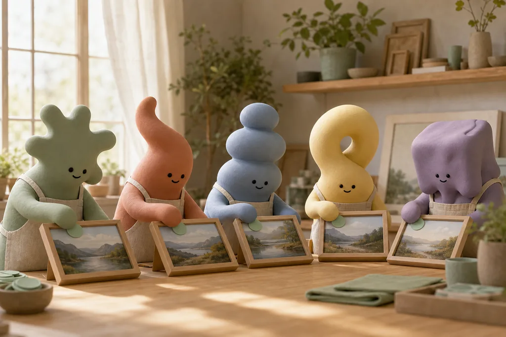 Five different not-human characters each tagging their own framed photograph