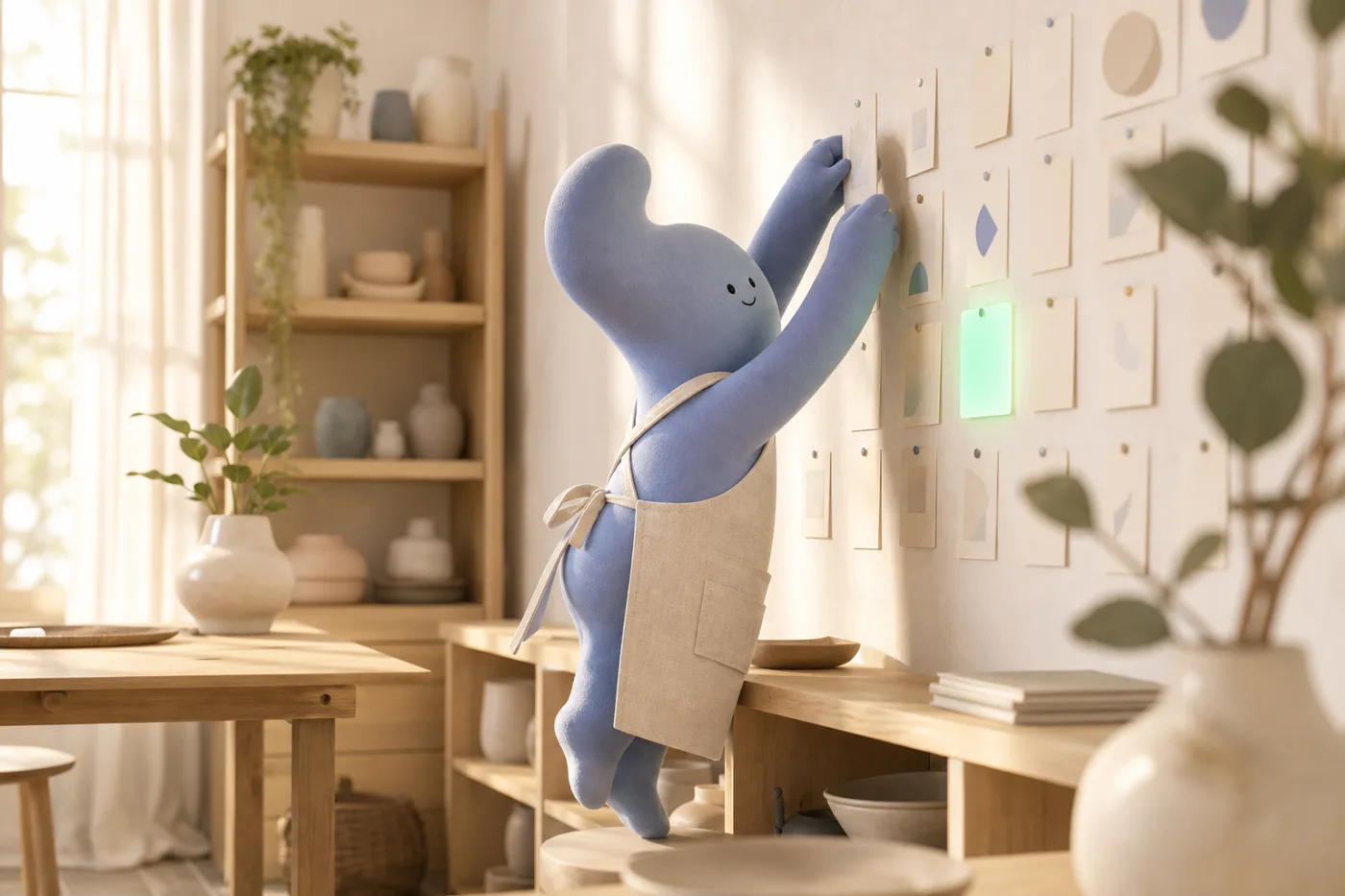 A periwinkle not-human on tiptoe, pinning a card onto a wall of neatly arranged cards in a sunlit studio, one card glowing mint
