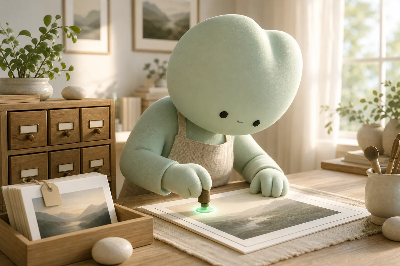 A not-human pressing a glowing mint seal onto a printed photograph in a sunlit studio