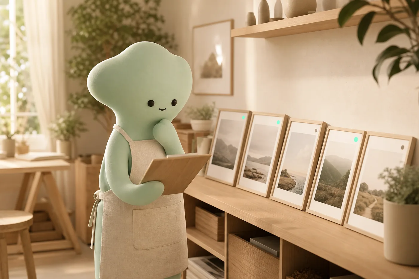 A not-human checking a compliance list against a wall of filed records
