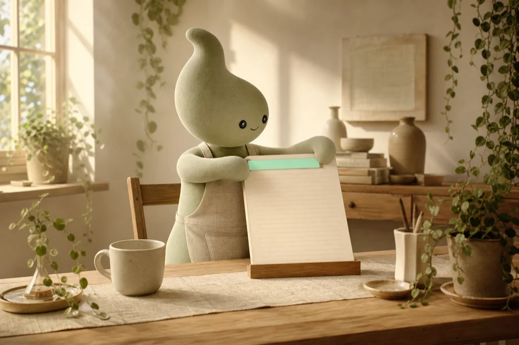 A not-human laying a small mint disclosure strip along the top edge of a page of writing