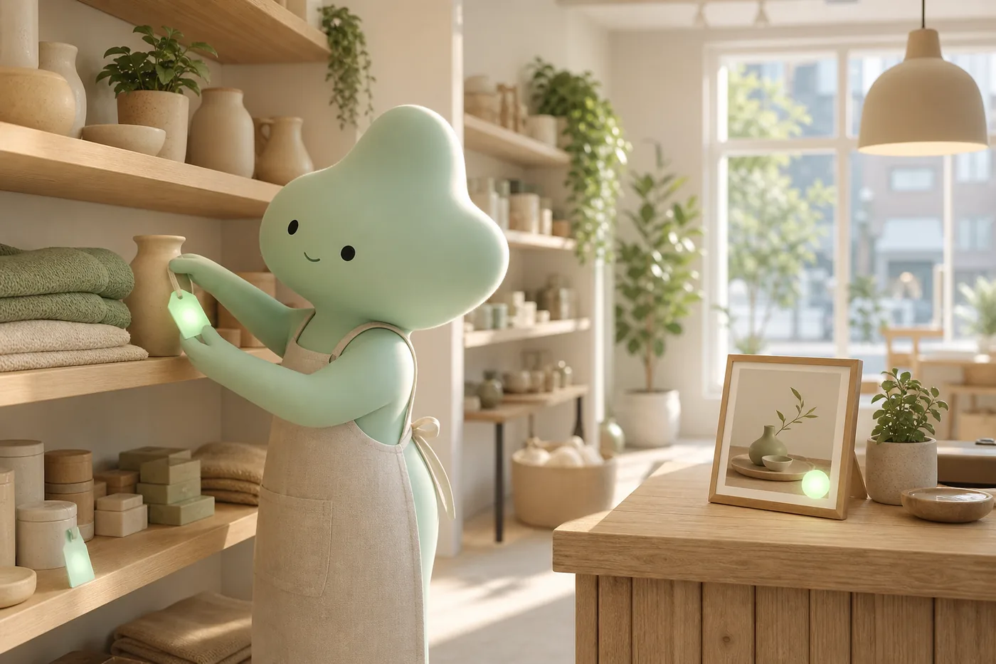 A not-human tagging product photographs on a shop shelf