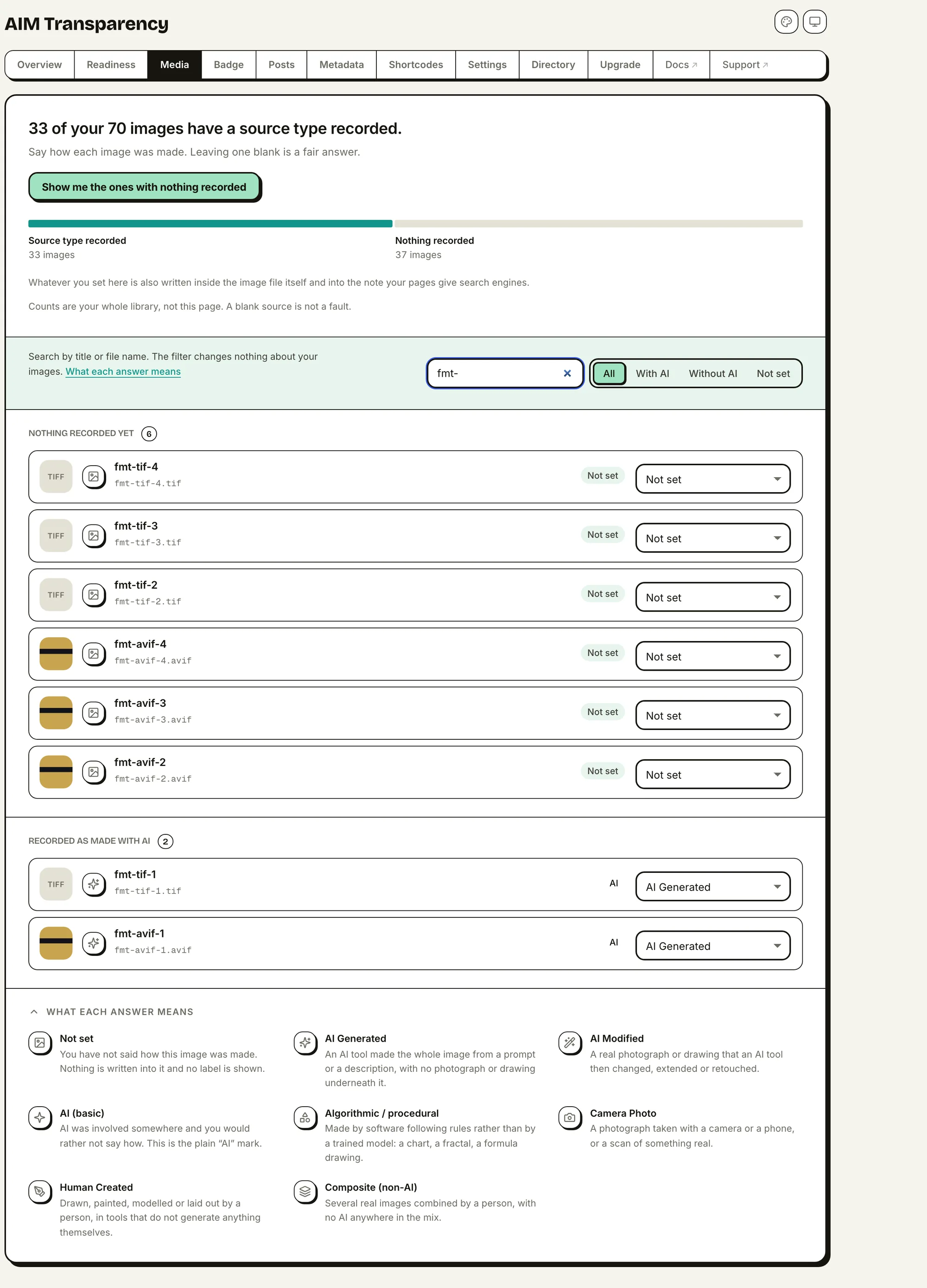 The Media list showing TIFF files as a format chip while AVIF files show a normal thumbnail