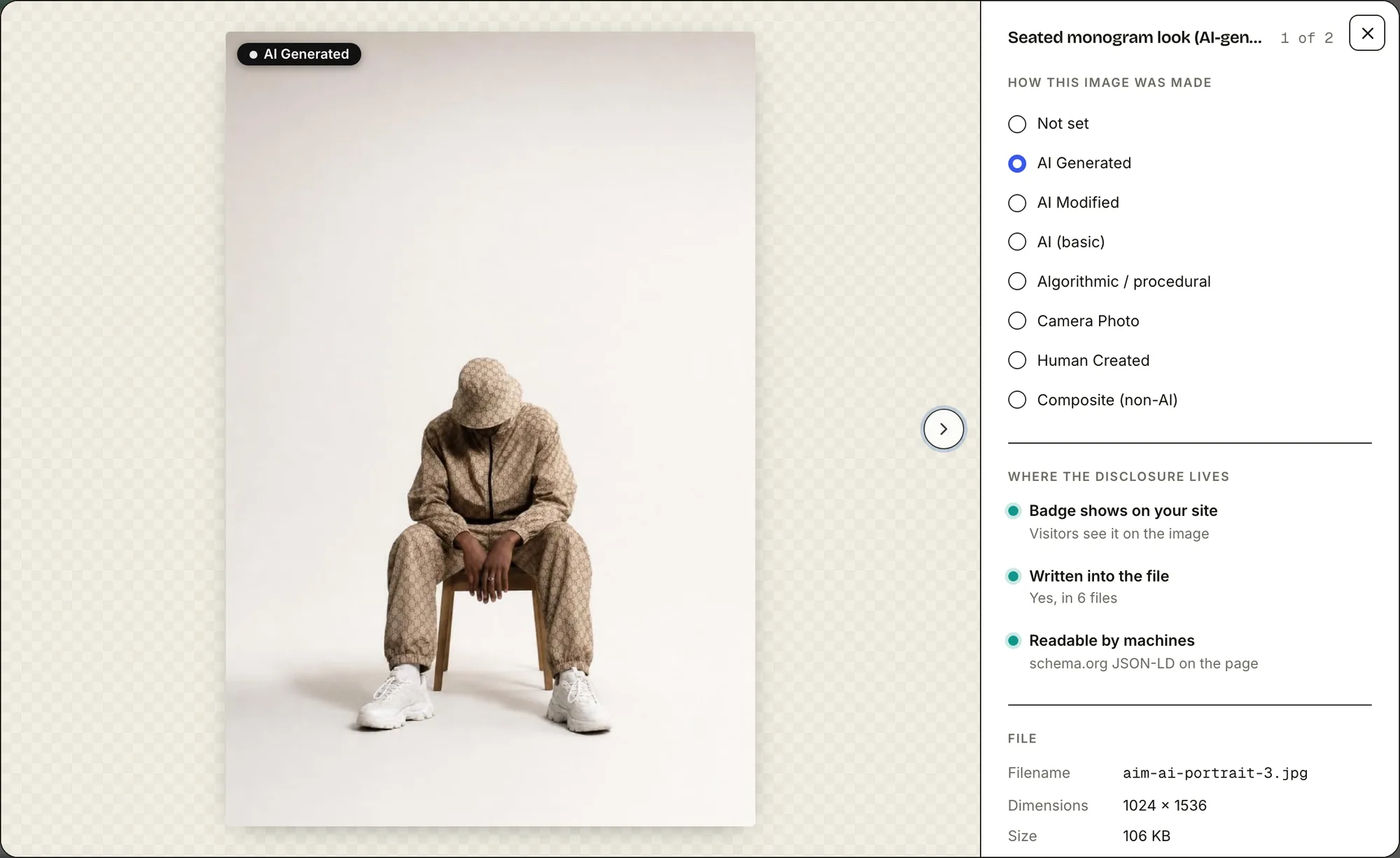 The Media viewer: an AI-generated portrait at full size, with its source type, disclosure status and file details beside it