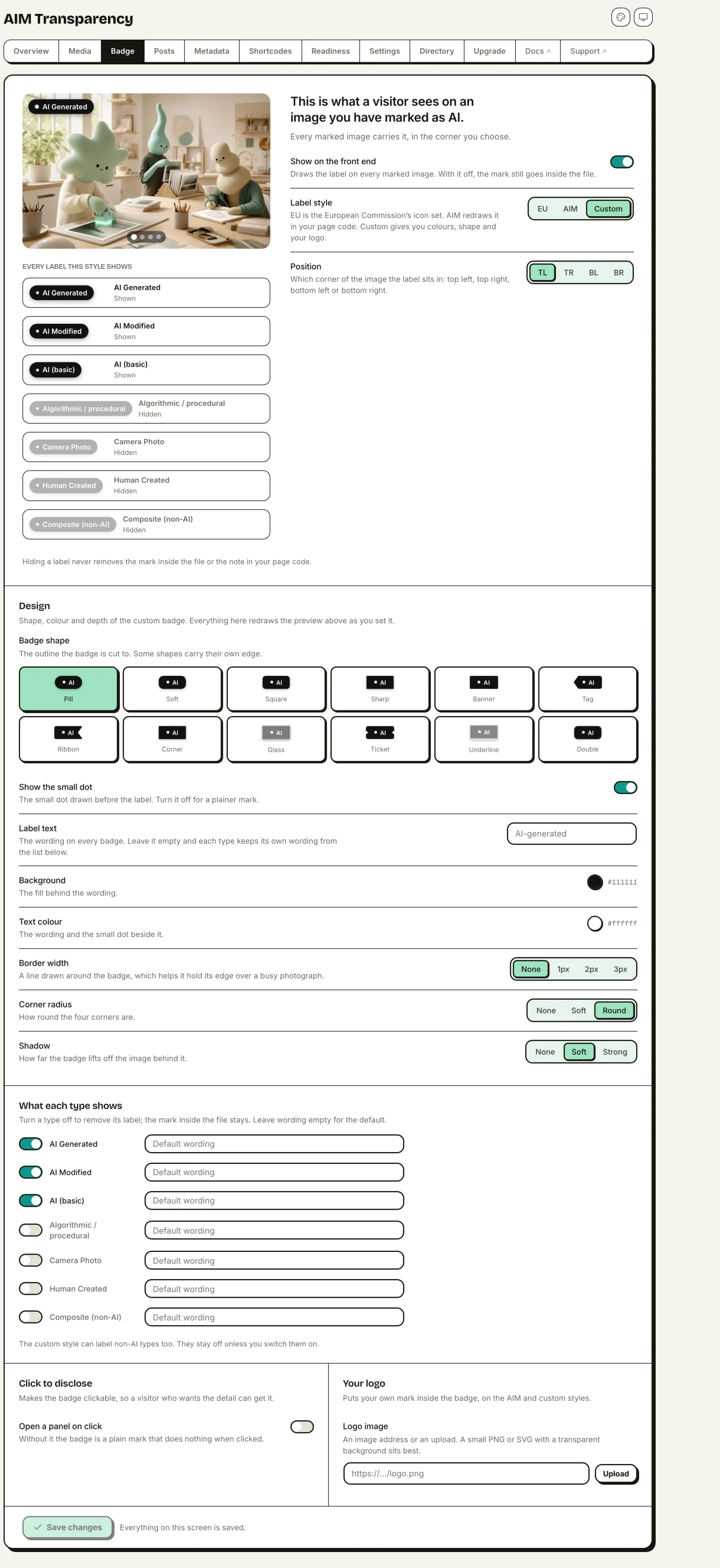 Badge Studio in Custom mode with the shape picker and controls
