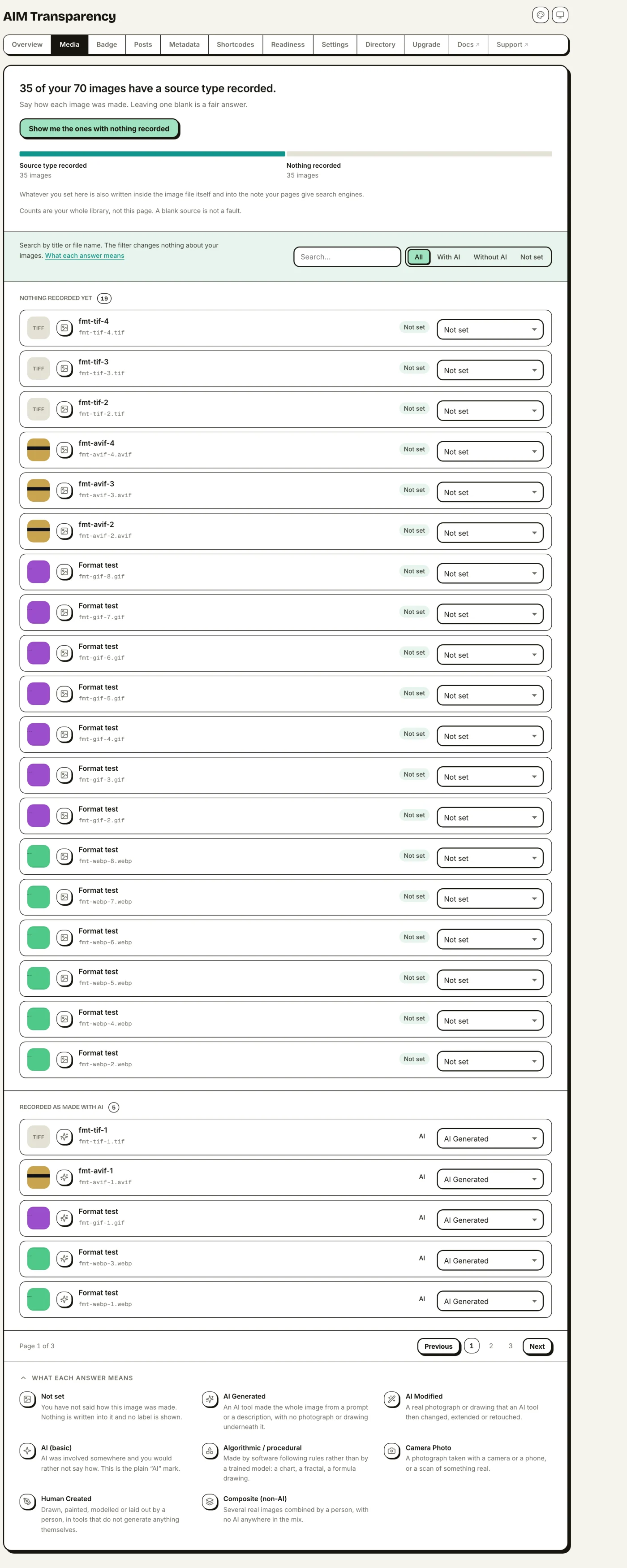 The dashboard Media tab: search, filter and tag images inline
