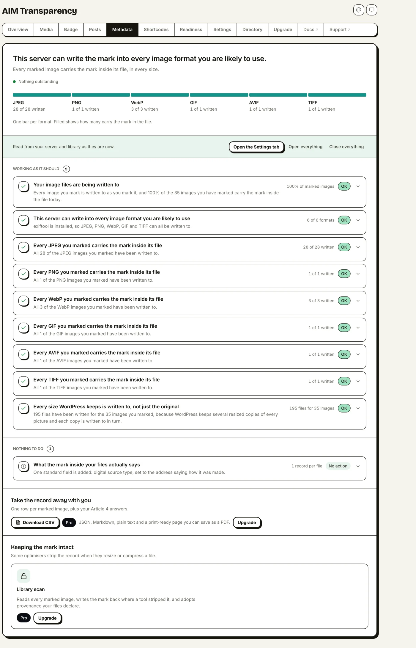 The Metadata screen showing the embedding engine, compliance report and library tools