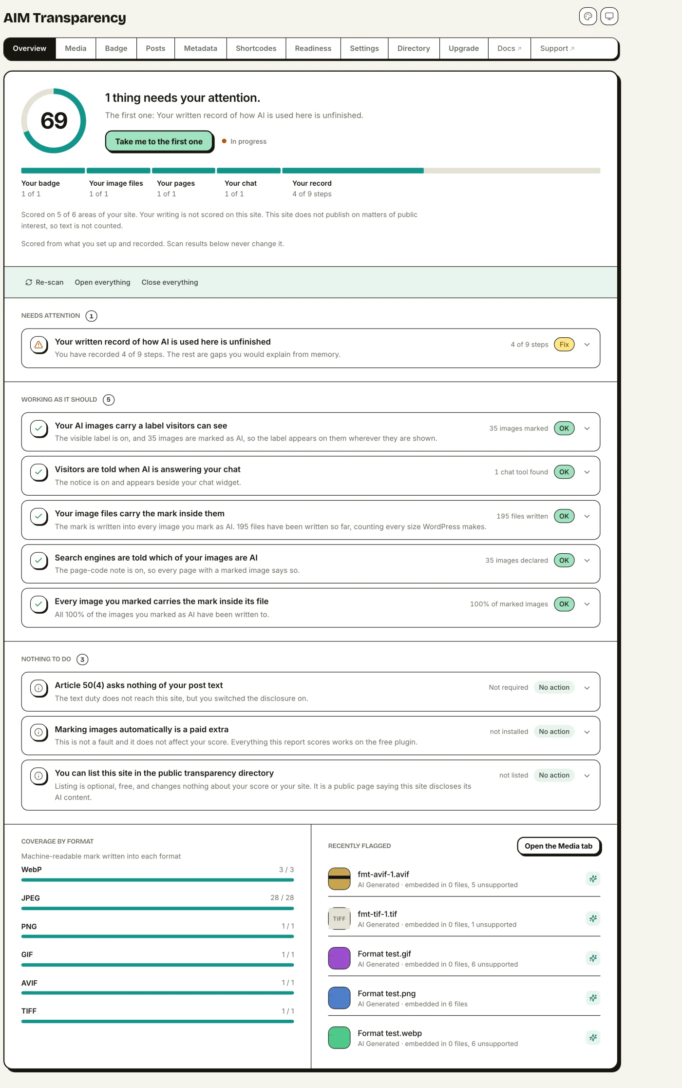 AIM Transparency dashboard overview with live compliance stats