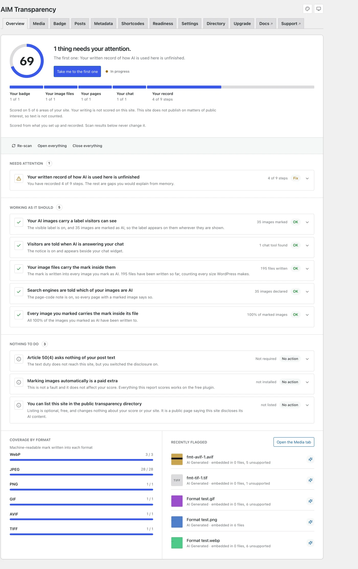 The Overview screen in the WordPress theme, built from the same container, heading and tab strip as a core settings screen