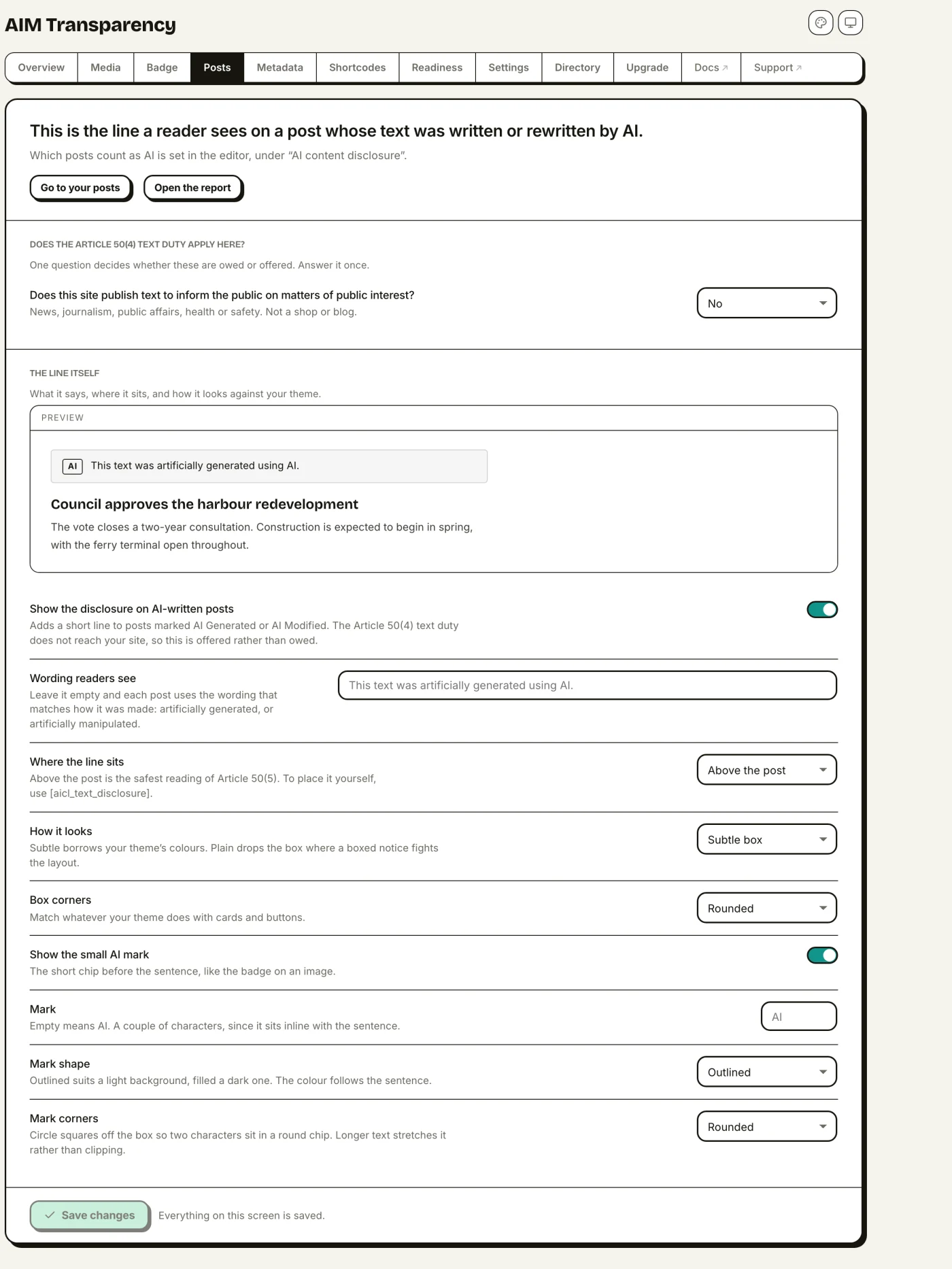 The Posts tab: the public-interest scope question, a live preview of the disclosure line, and the wording, placement and appearance controls