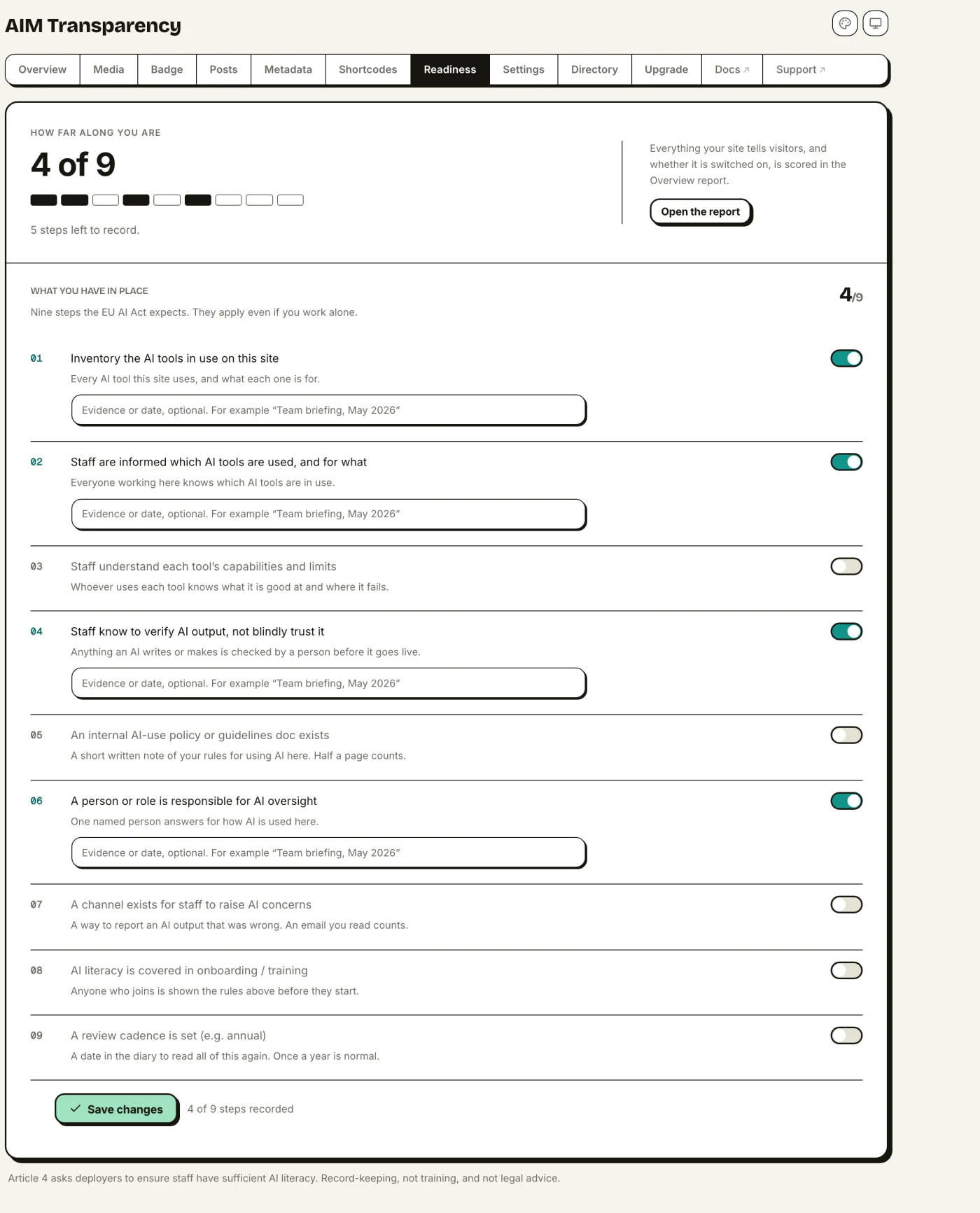 The Readiness tab: the nine-step Article 4 AI-literacy checklist, with how many steps are recorded