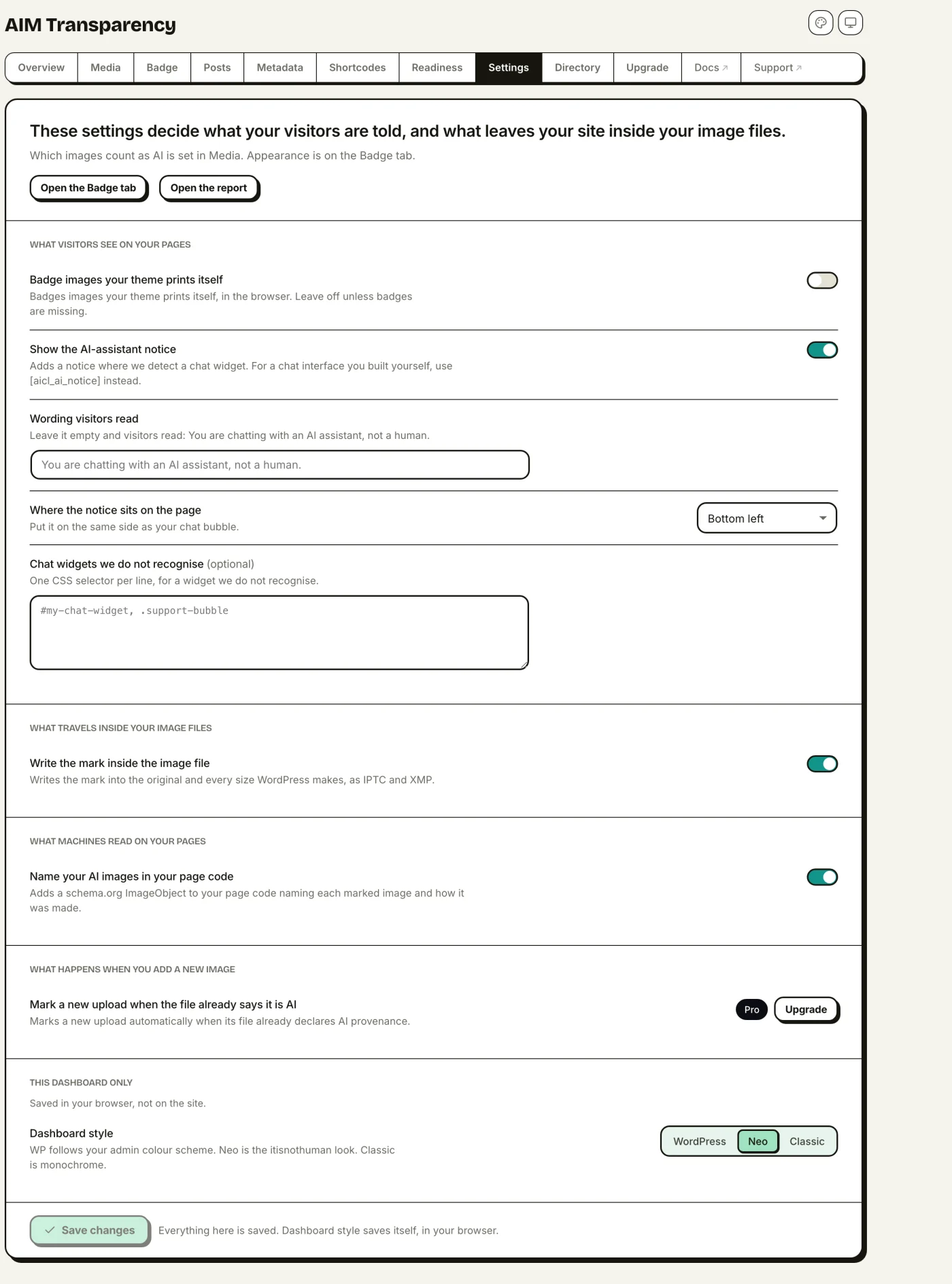 The Settings screen with the machine-readable layer and theme coverage toggles