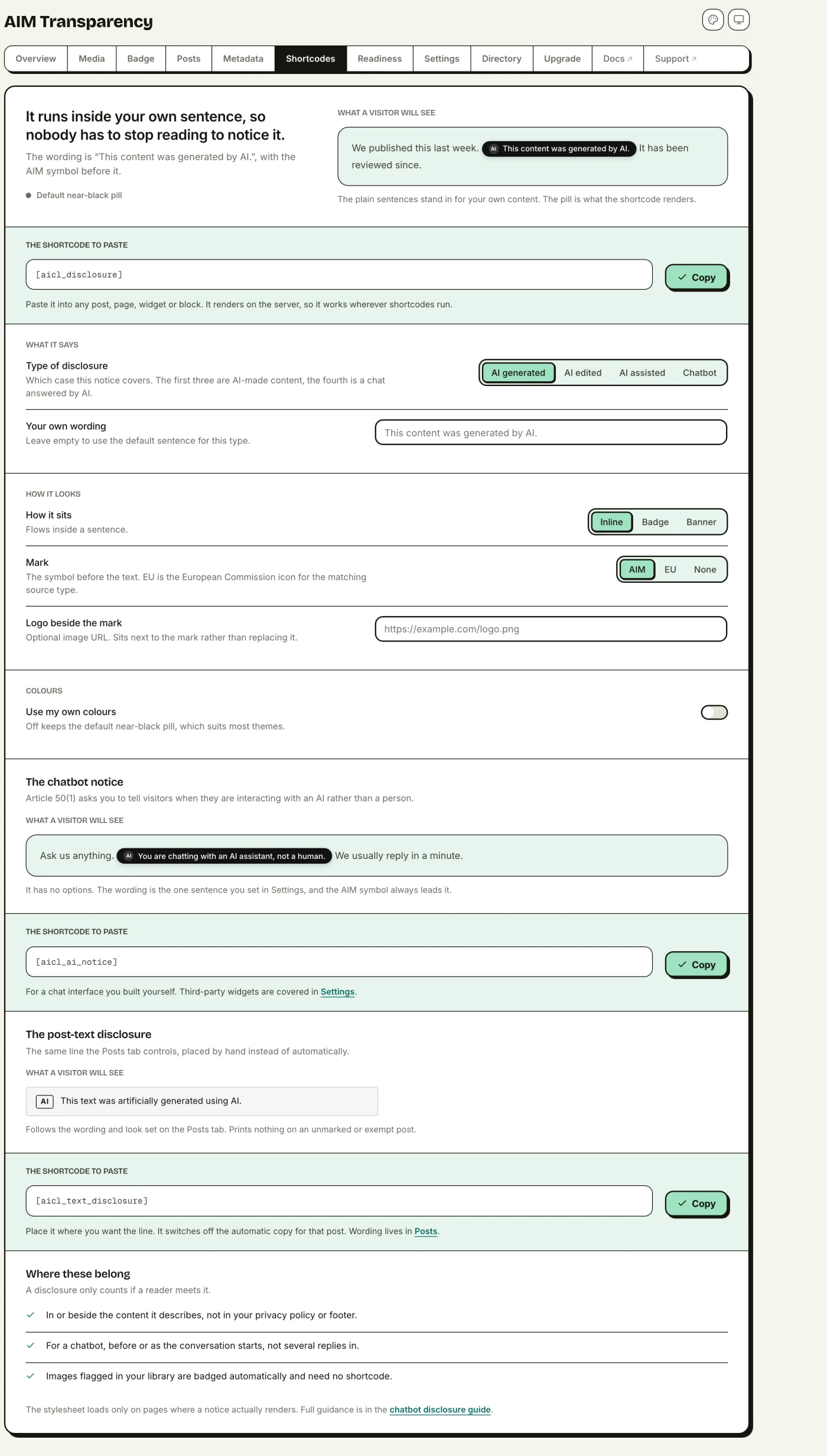 The Shortcodes panel: type, style, wording, colour and mark controls beside a live preview and the generated shortcode