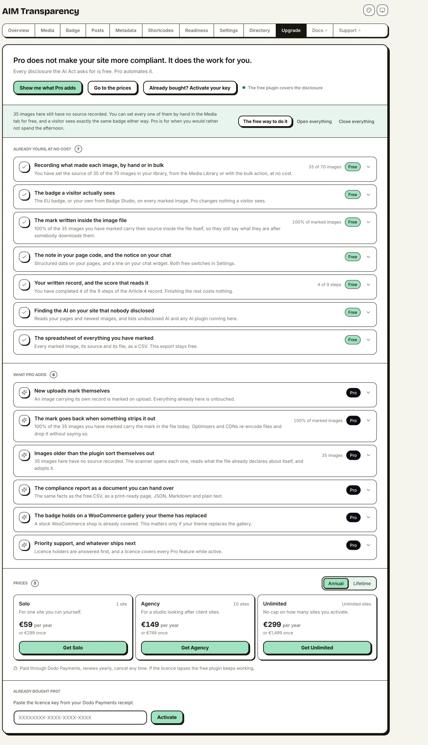 The Upgrade screen: the three plans, and the licence key field below them