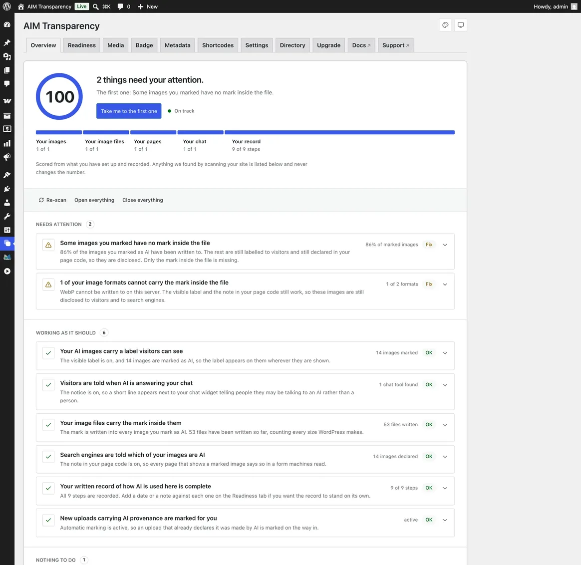 The AIM dashboard in the WordPress-native theme