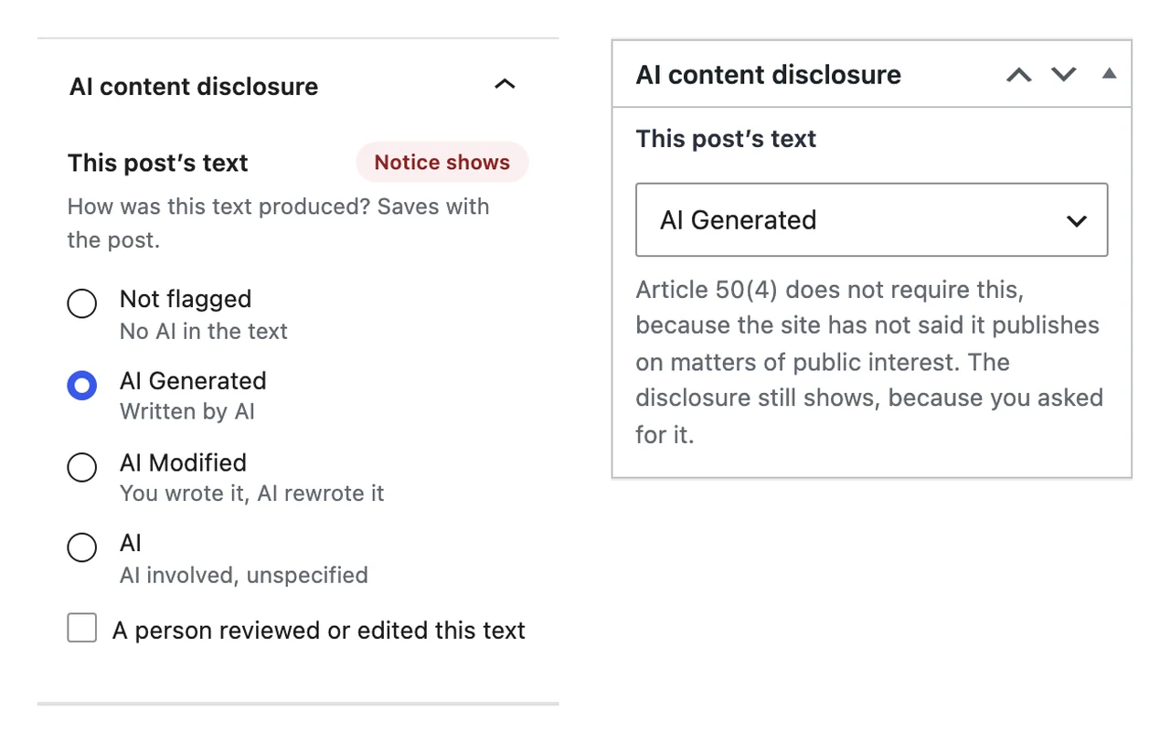 The AI content disclosure control in both editors: the block editor sidebar panel on the left with radio options and per-option help, and the classic editor meta box on the right with a dropdown and the Article 50(4) explanation