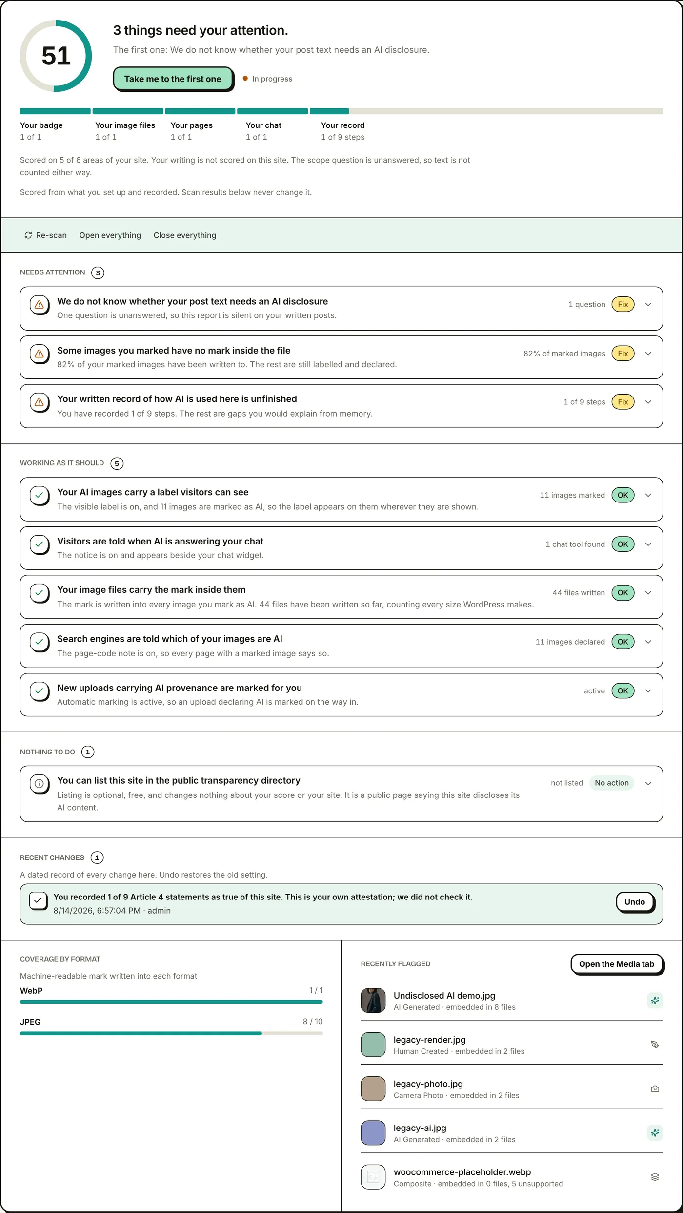 The Overview findings list: what needs attention, each row with the action that resolves it, and what is already working